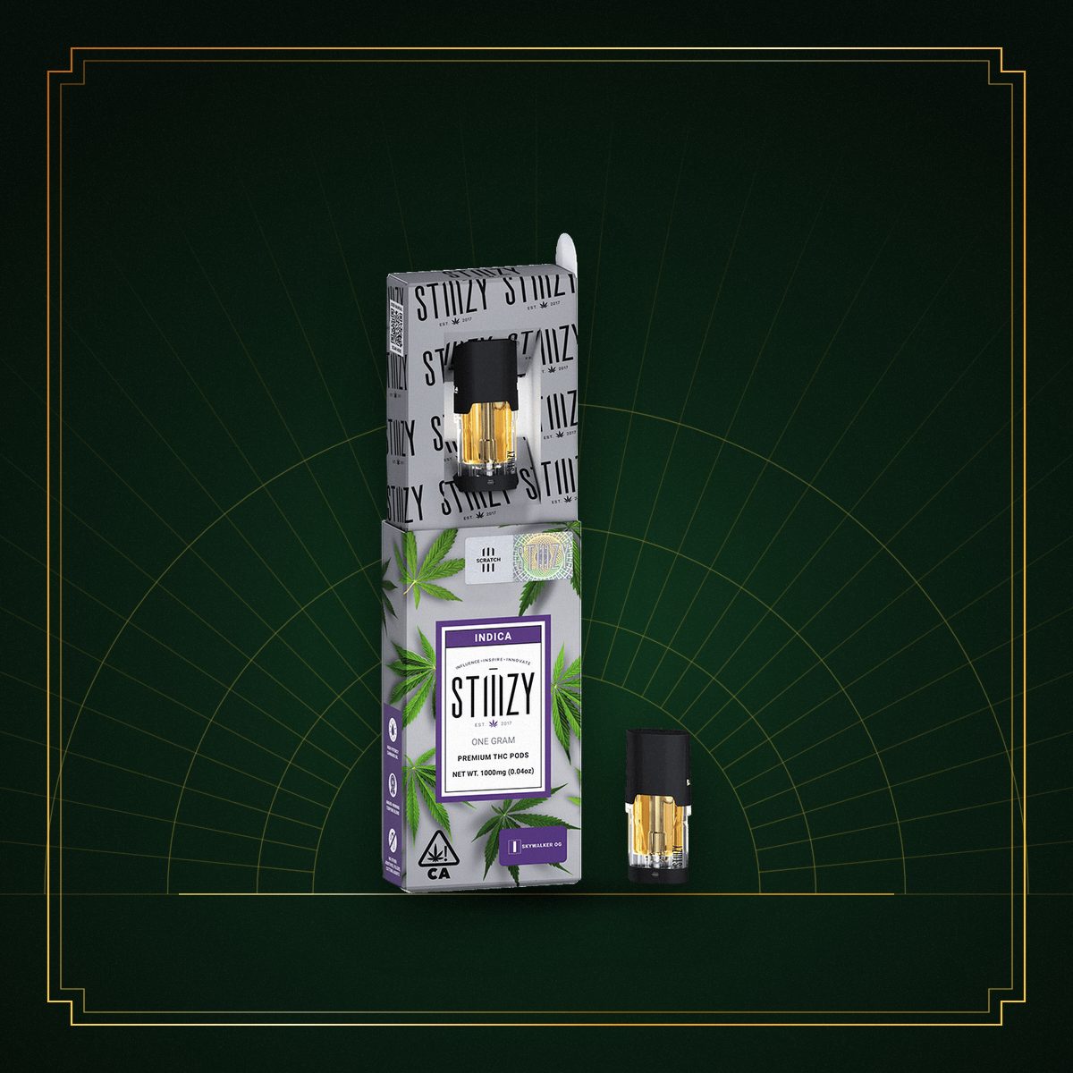 STIIIZY Skywalker OG 1g original THC pod and box in an engraved gold frame